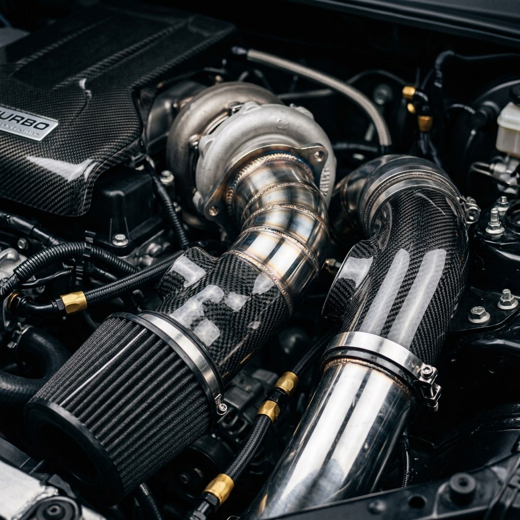 Carbon fibre intake and stainless downpipe fitted to a turbocharged engine